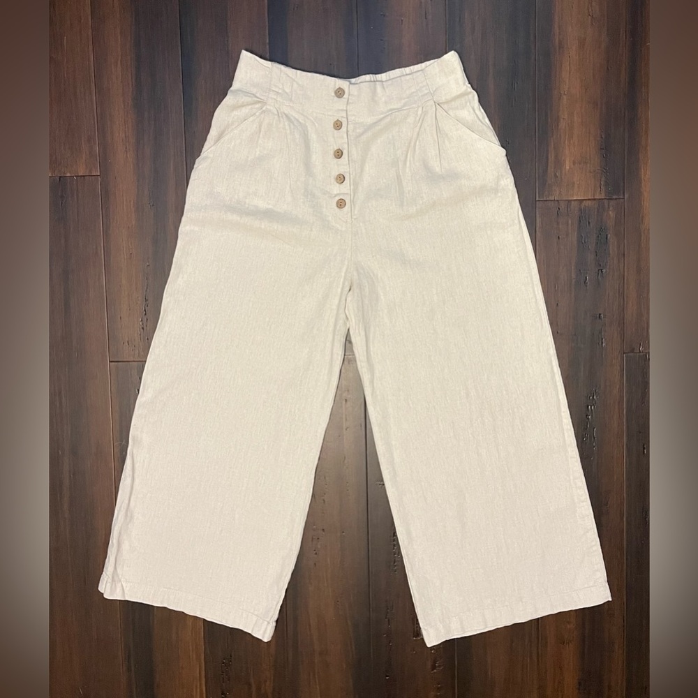 Wide Leg Linen Blend Button Up Pants Size M